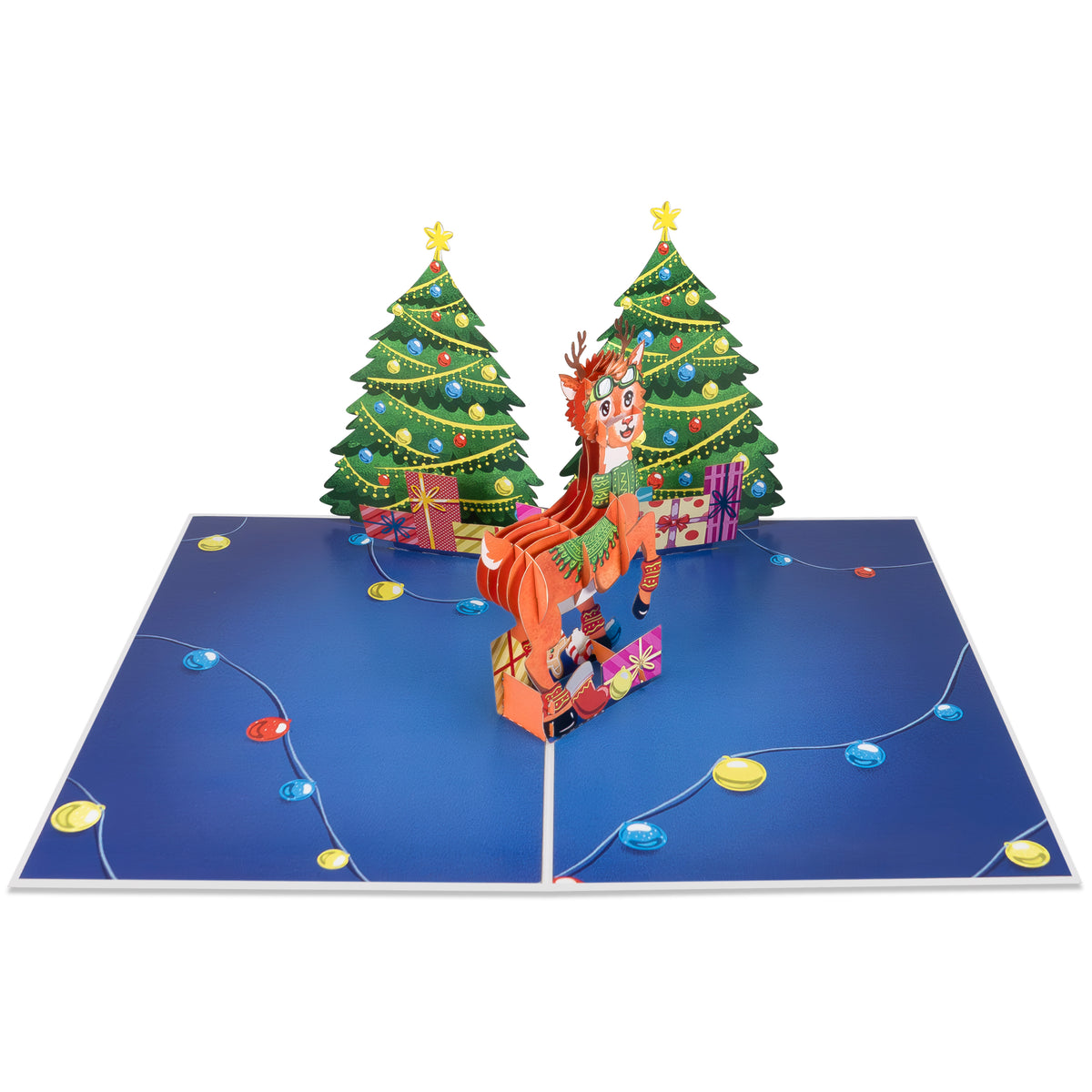 Rentier und zwei Weihnachtsbäume Pop Up Karte