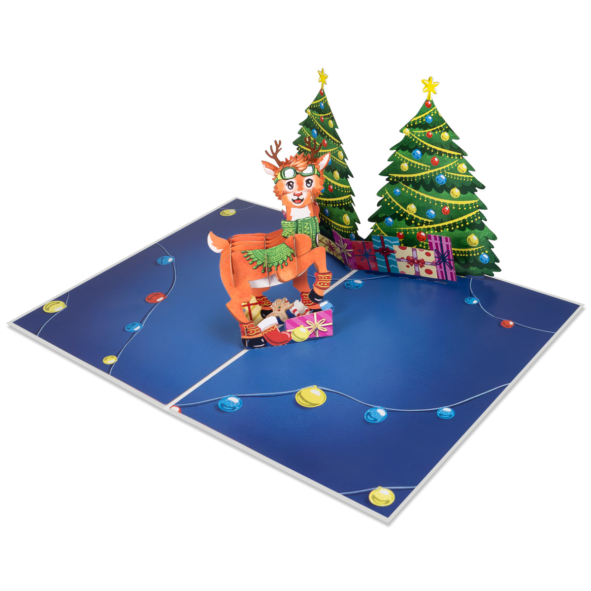 Rentier und zwei Weihnachtsbäume Pop Up Karte