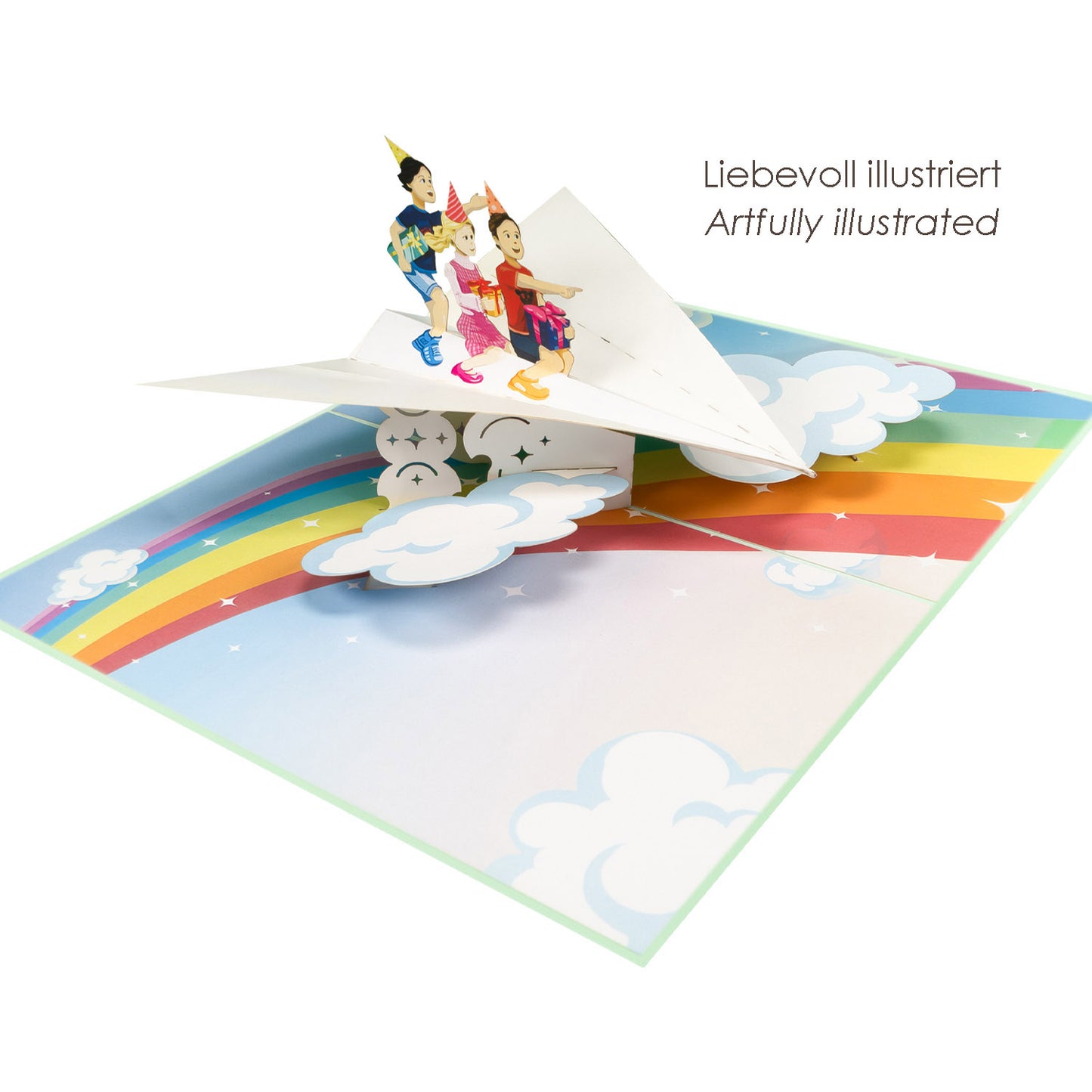 Kinder auf Papierflieger Pop-Up Karte