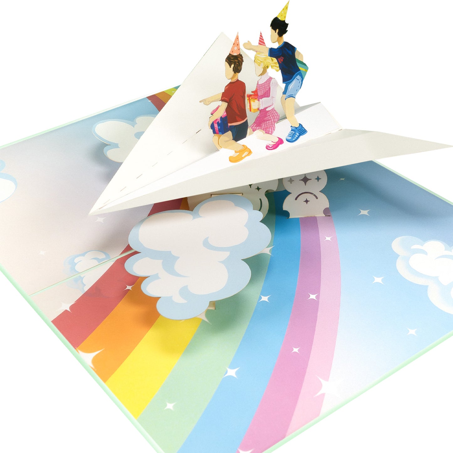 Kinder auf Papierflieger Pop-Up Karte