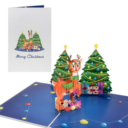 Rentier und zwei Weihnachtsbäume Pop Up Karte