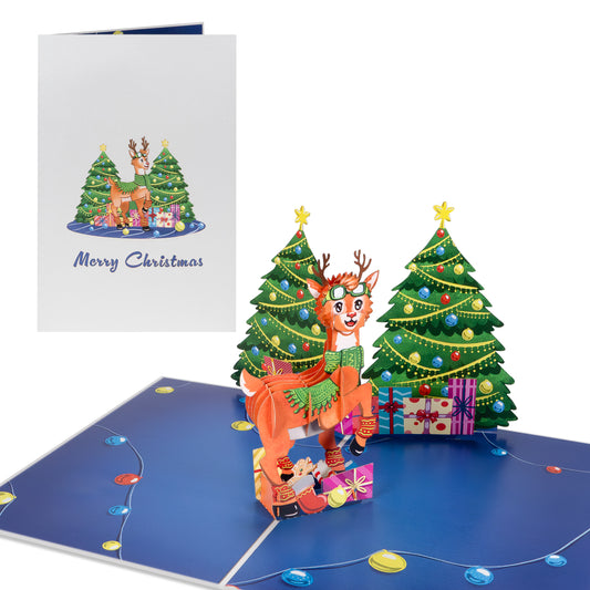 Rentier und zwei Weihnachtsbäume Pop Up Karte