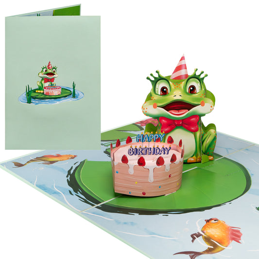Frosch und Geburtstagstorte Pop-Up Karte