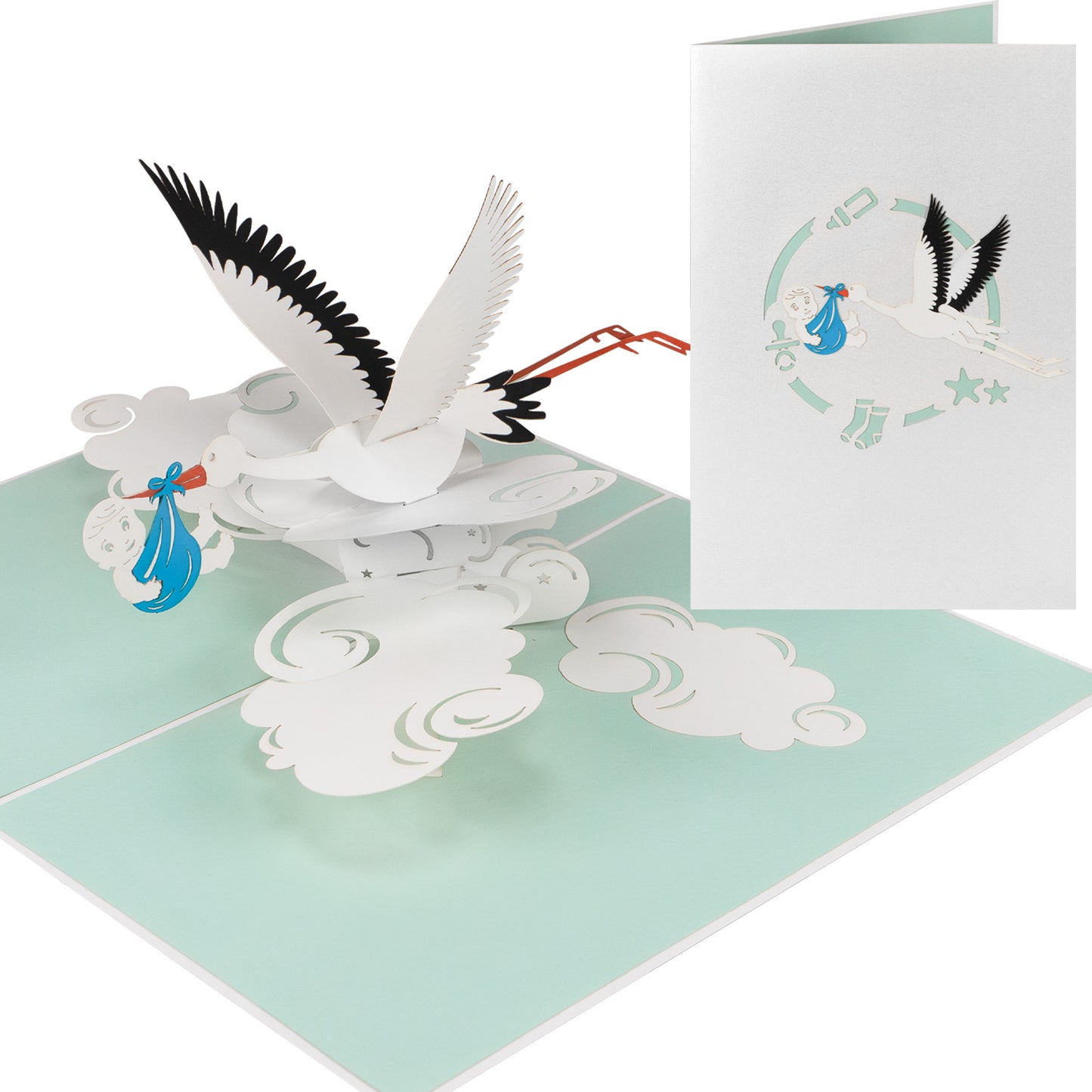 Baby Mädchen mit Storch  Pop-up-Karte