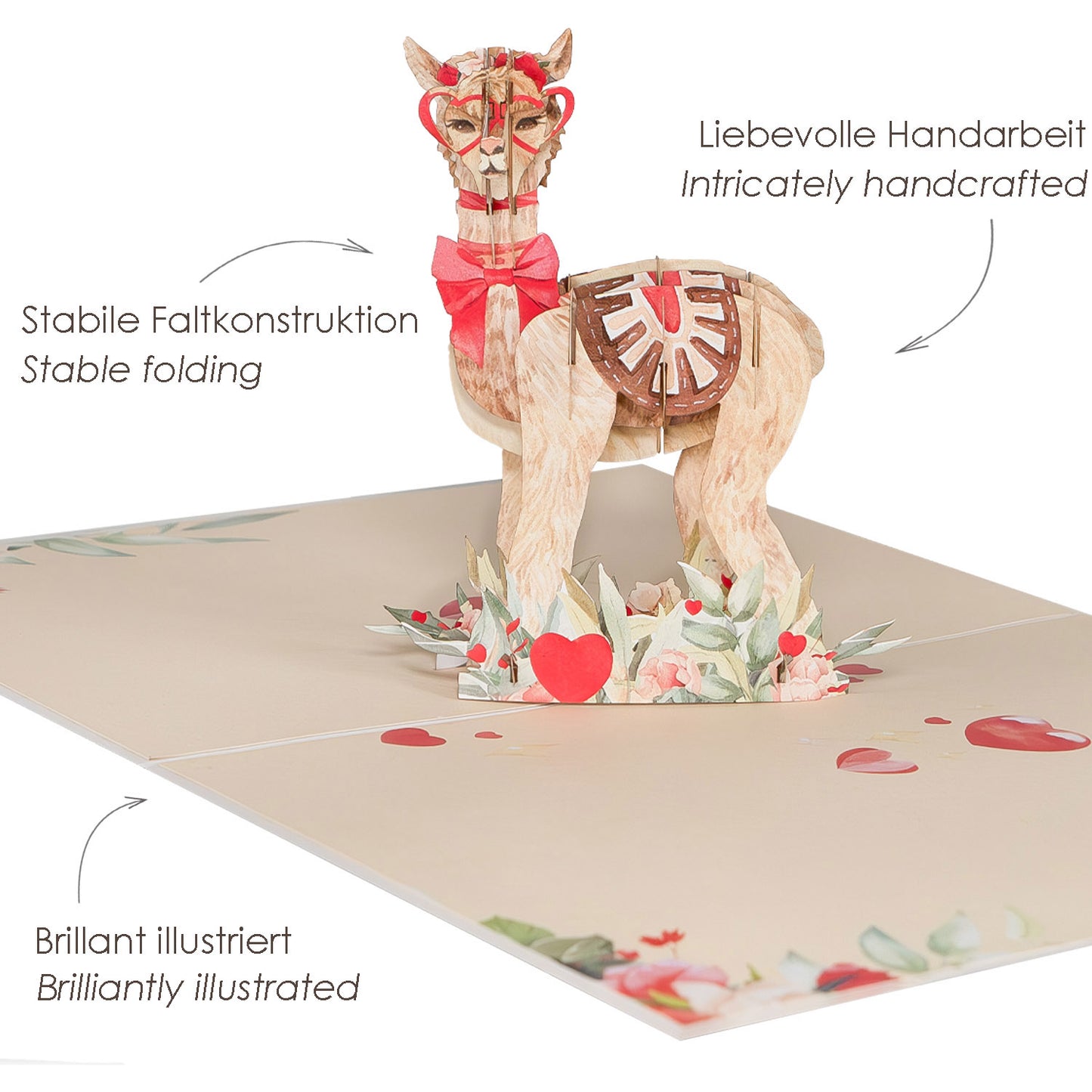 Llama und Herzen Pop-Up Karte